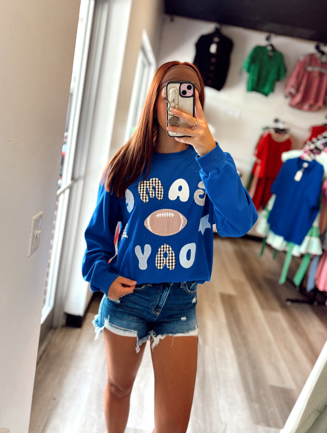 Blue Gingham Game day Patchwork Crew