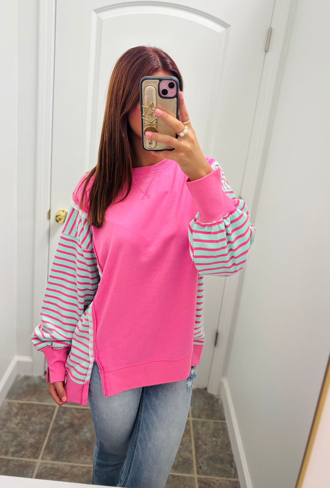 Pink and teal stripe long sleeve top