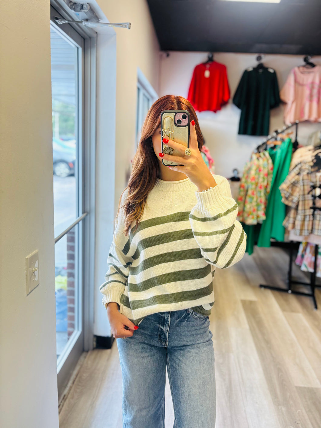 Green and White Striped Sweater