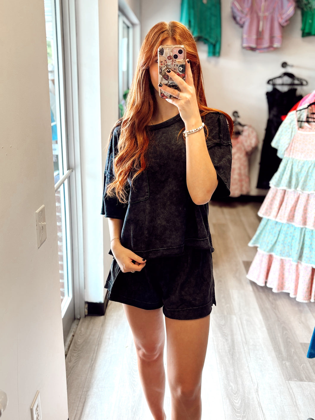 Black Acid Washed Shorts Set