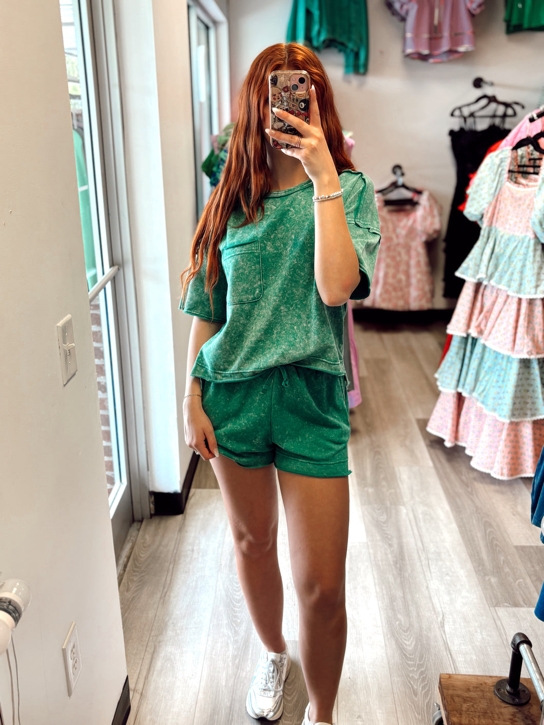 Green Acid Washed Shorts Set