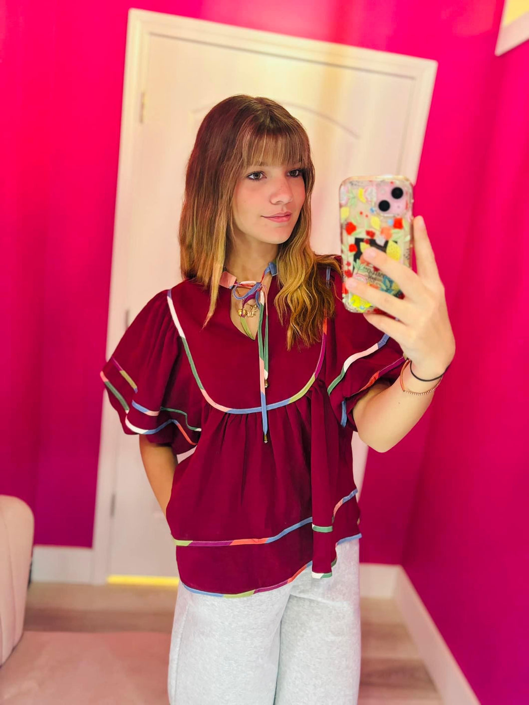 Burgundy  multicolored-tie top