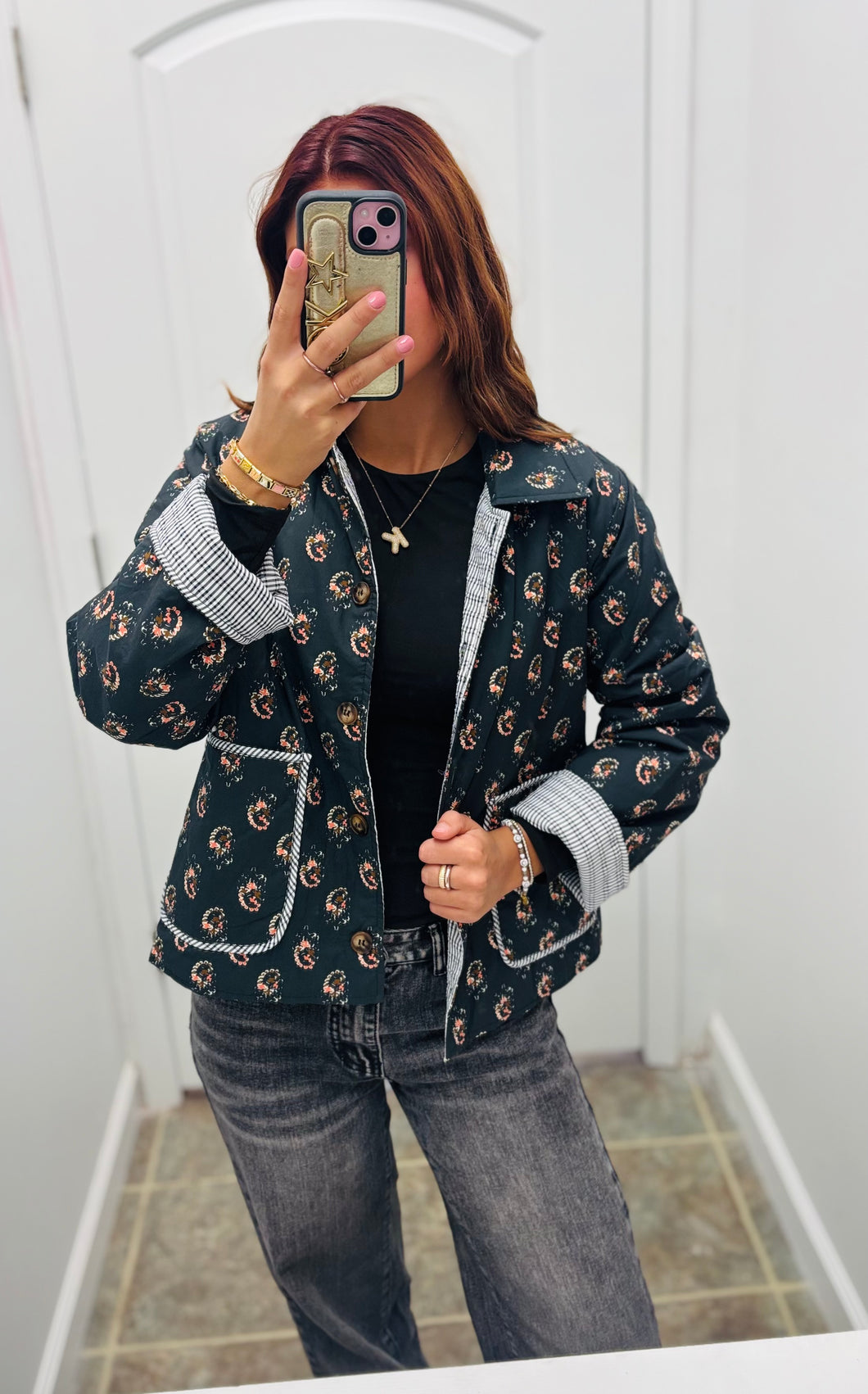 Black Floral Button Down Jacket
