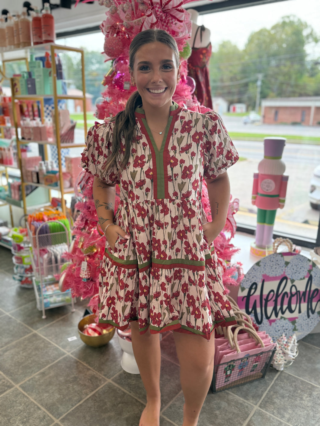 Olive & crimson flower dress