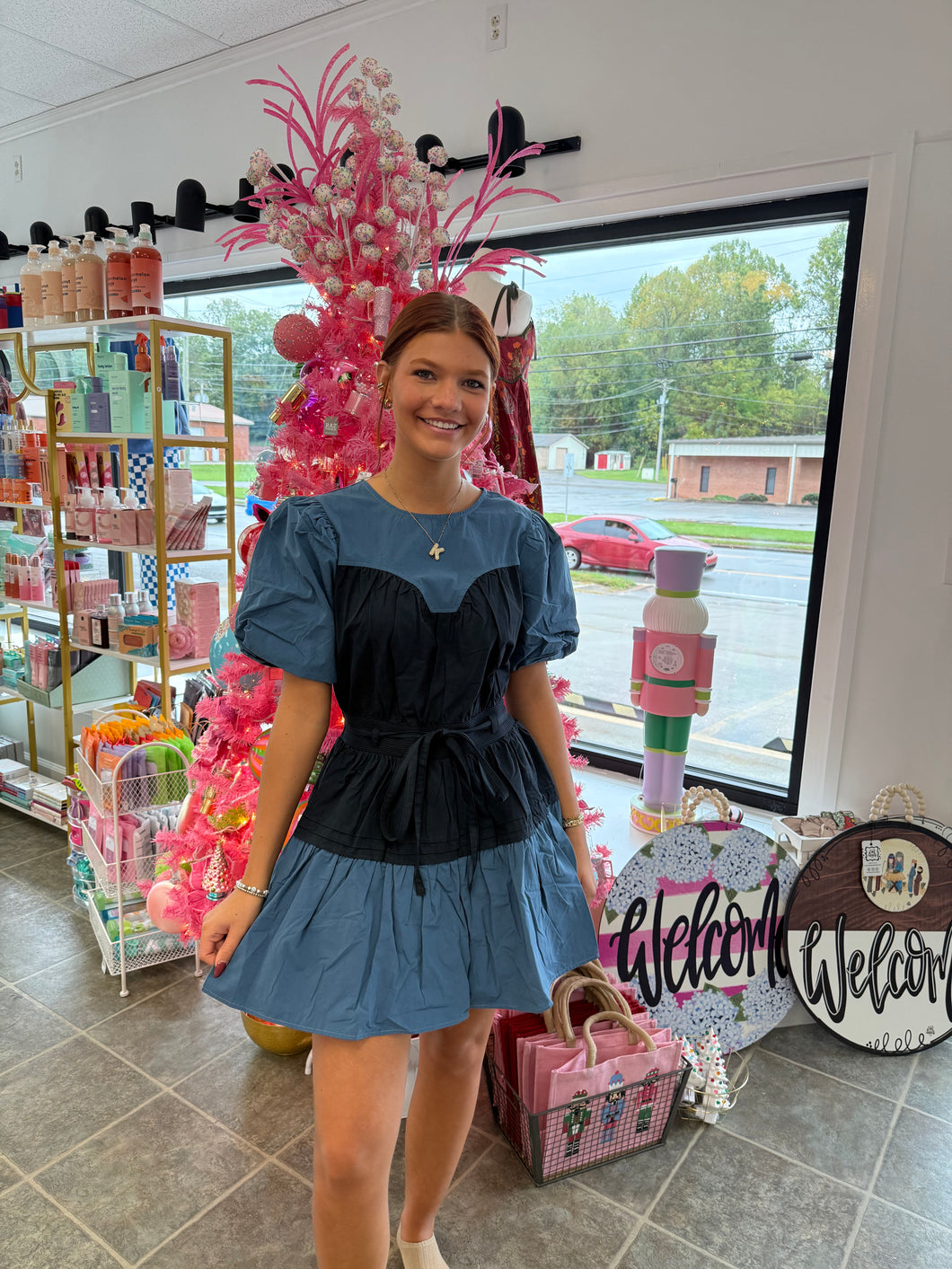 Navy and light blue mini dress