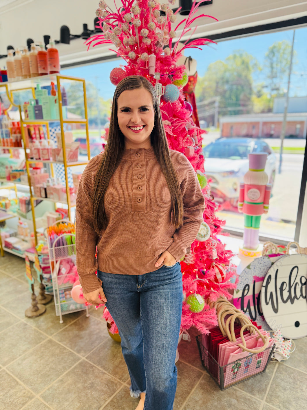 Brown knitted button top