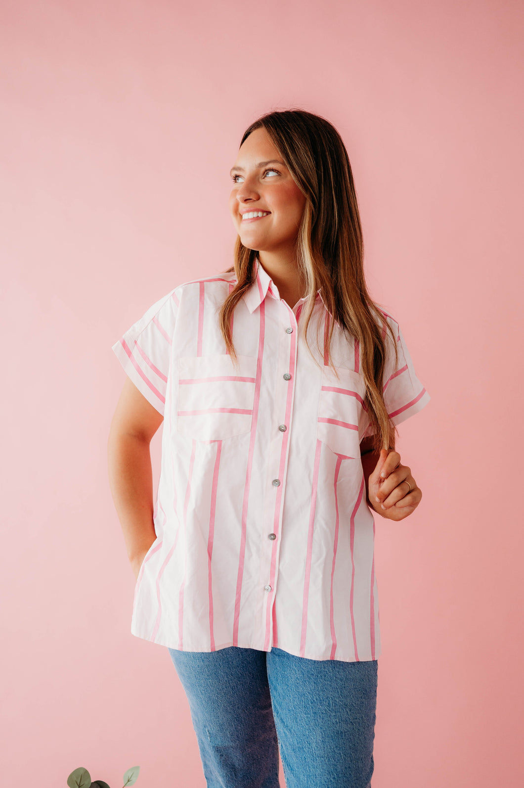 pink striped button up