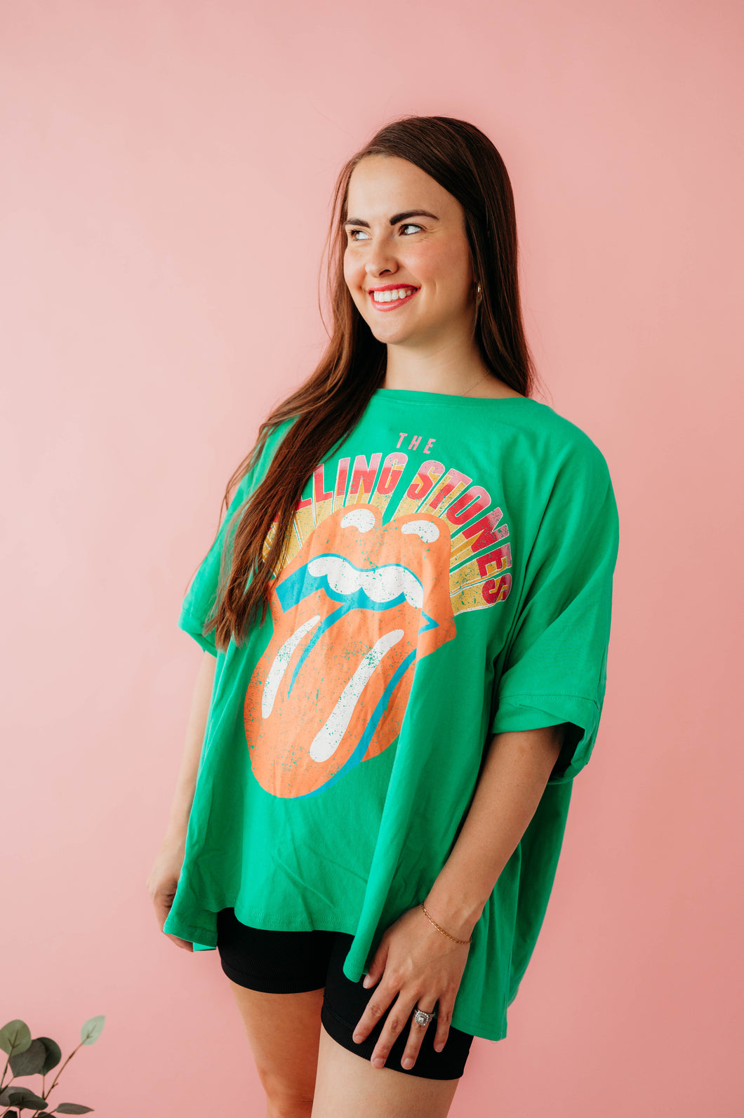 green oversized rolling stone tee