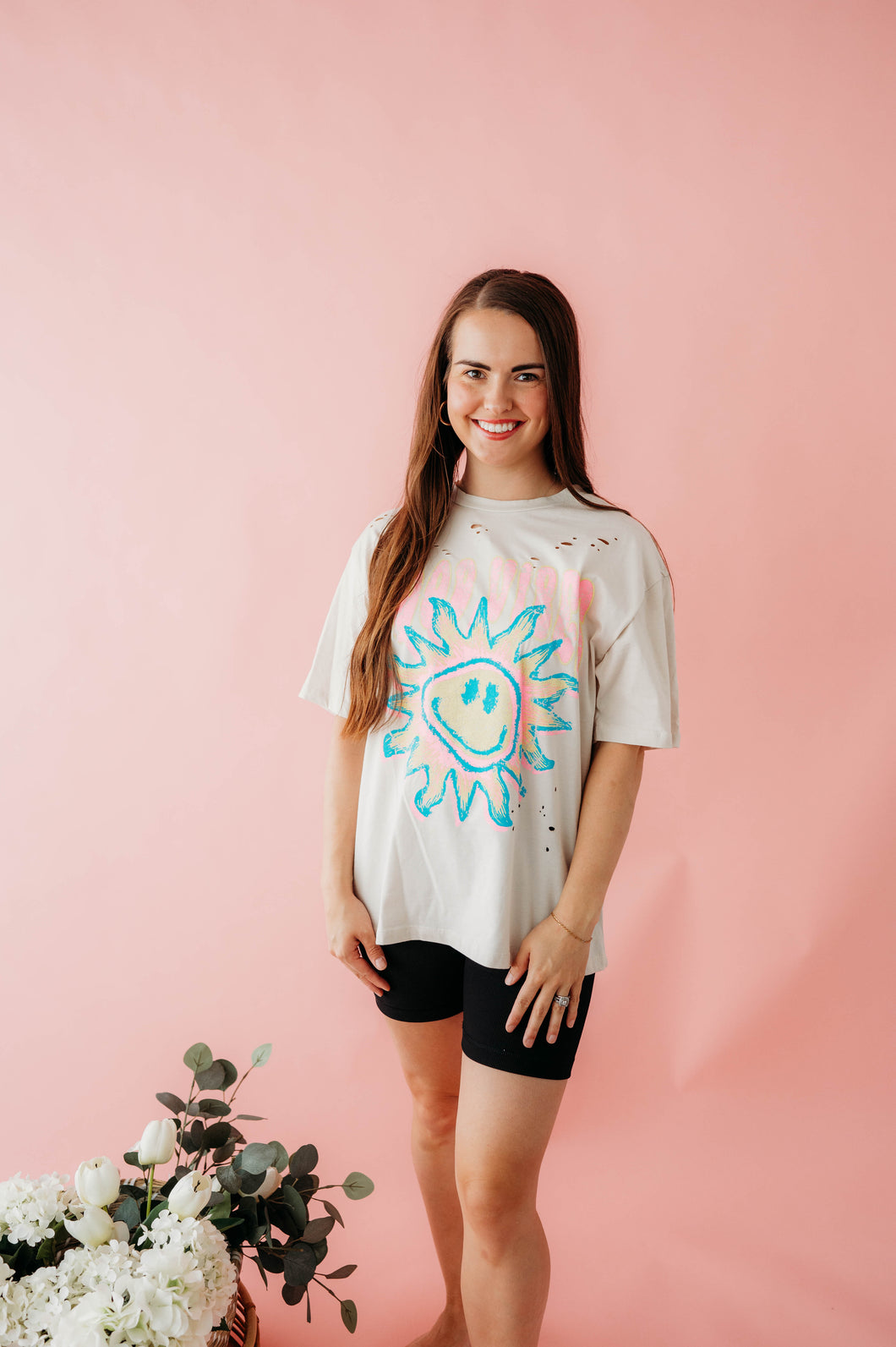 Good Vibes Sunshine Graphic S/S Distressed Tee