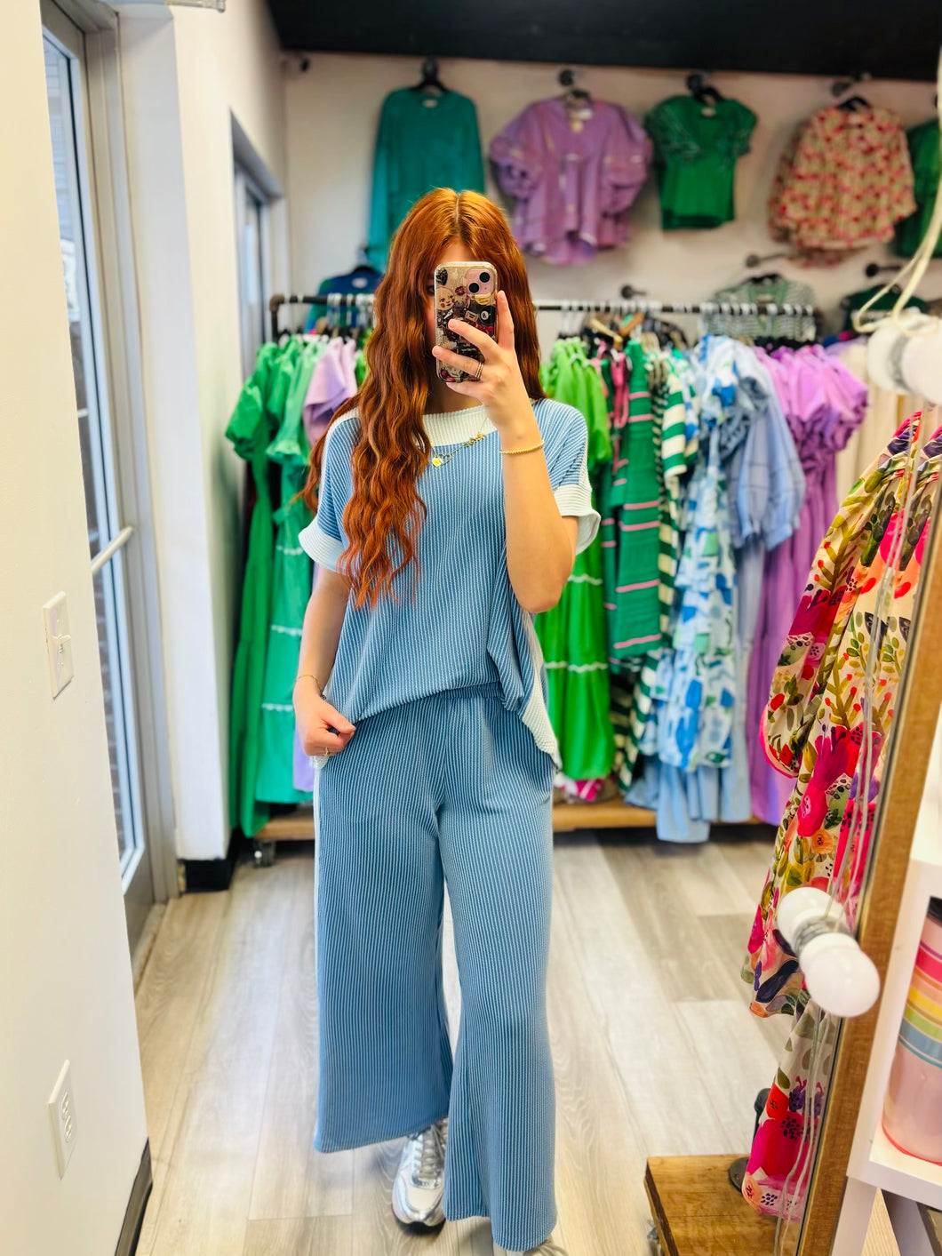 Blue Ribbed Pants Set