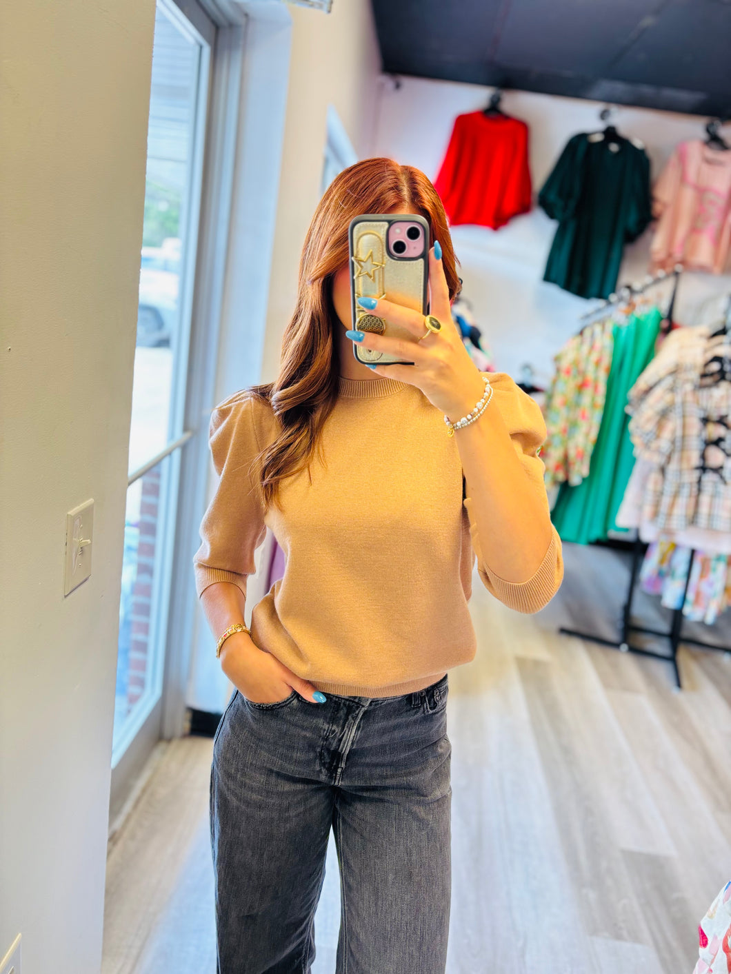 Brown Puff Sleeve Sweater Top