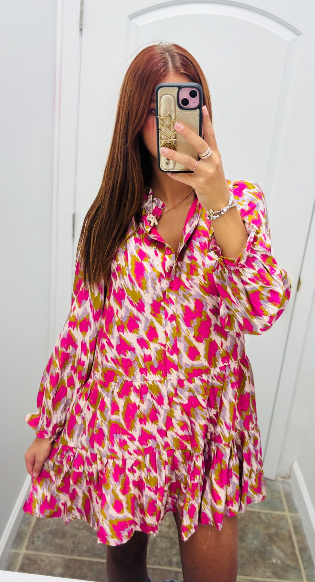 Pink colorful button down dress