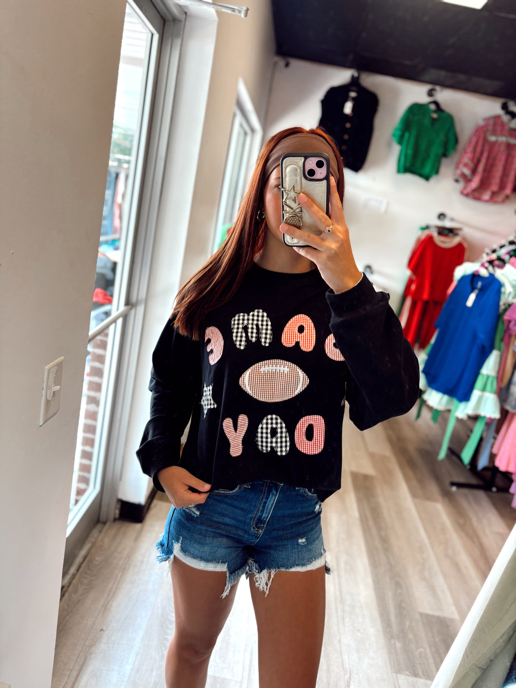 Black Gingham Game Day Patchwork Crew