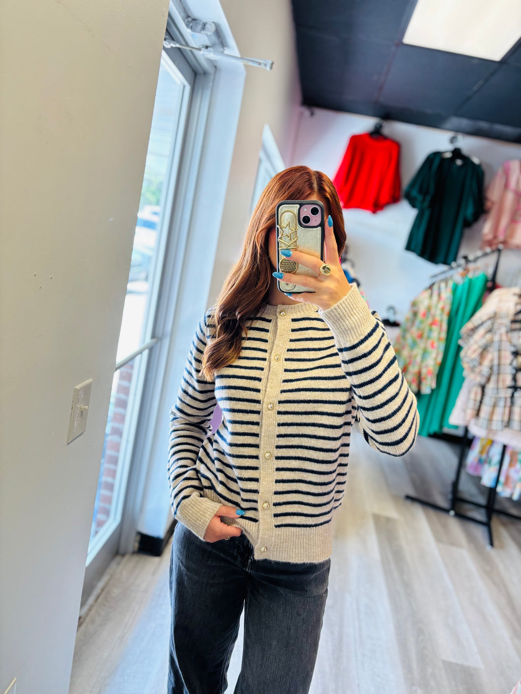 Navy Stripe Button Down Sweater