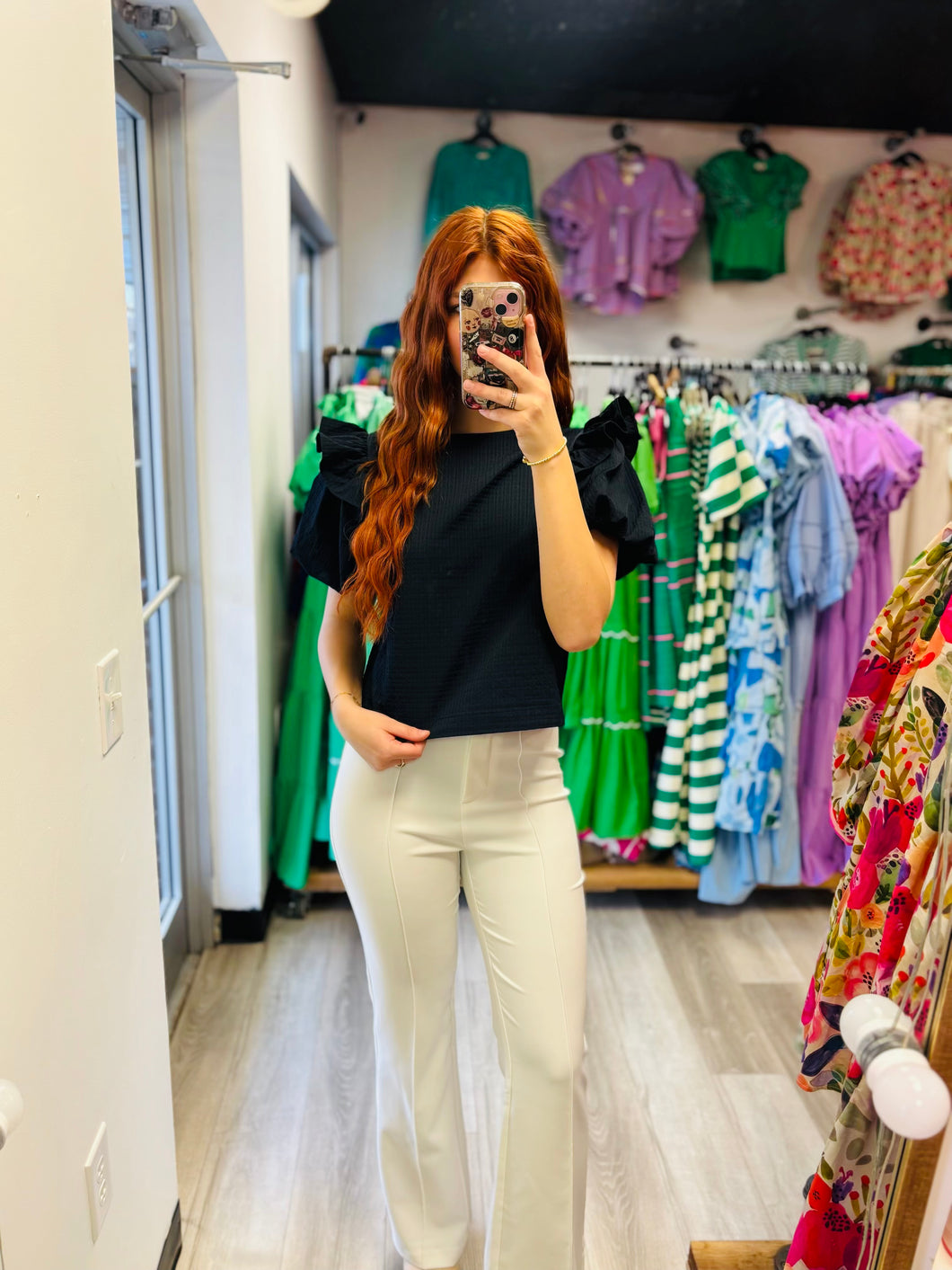 Navy Ruffle Puff Sleeve Top