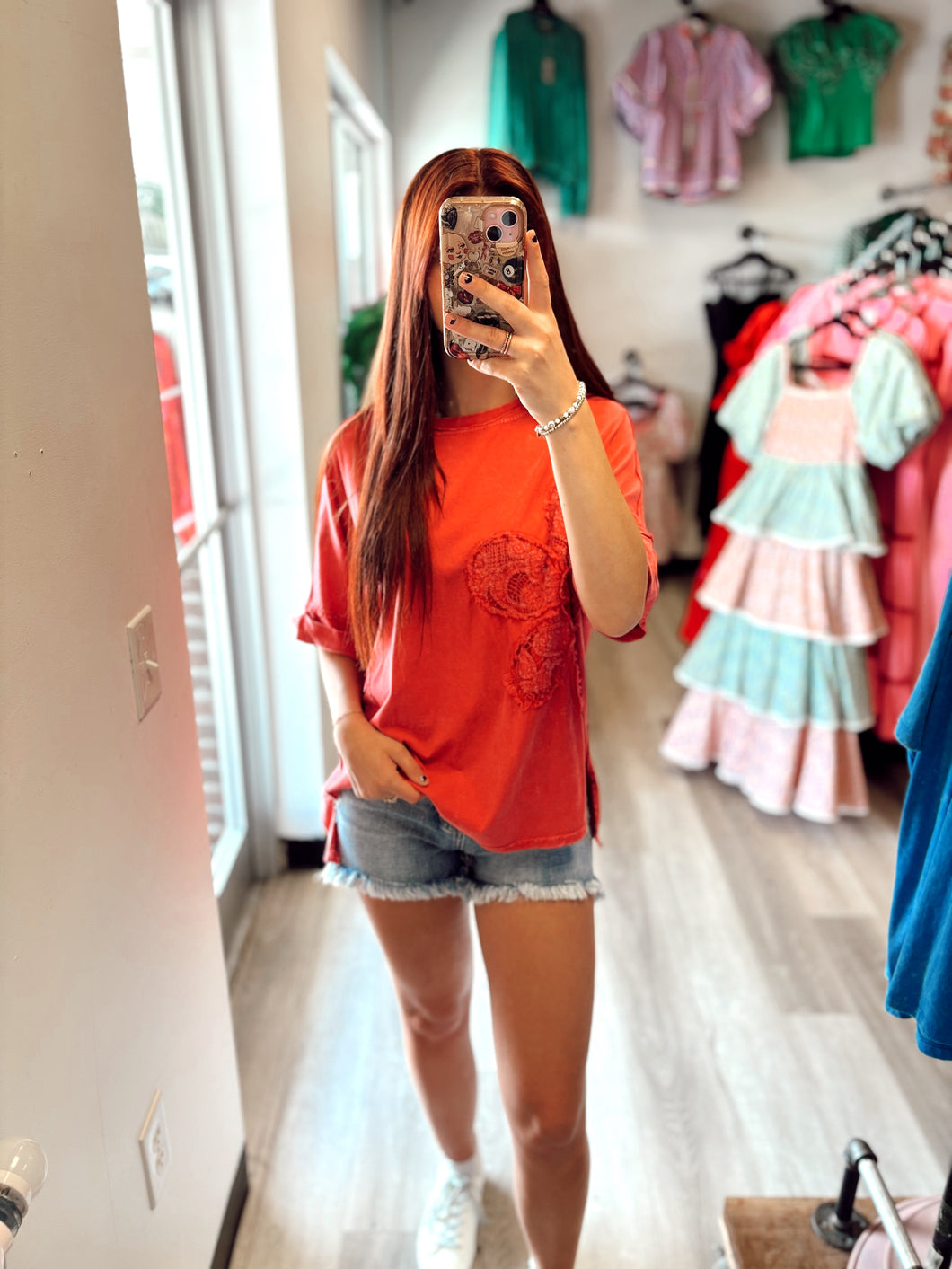 Red Washed Flower Knitted Tee