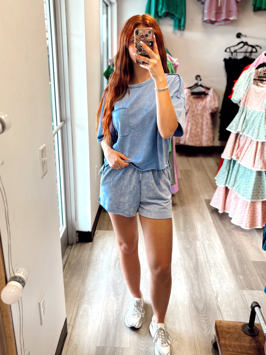Blue Acid Washed Shorts Set