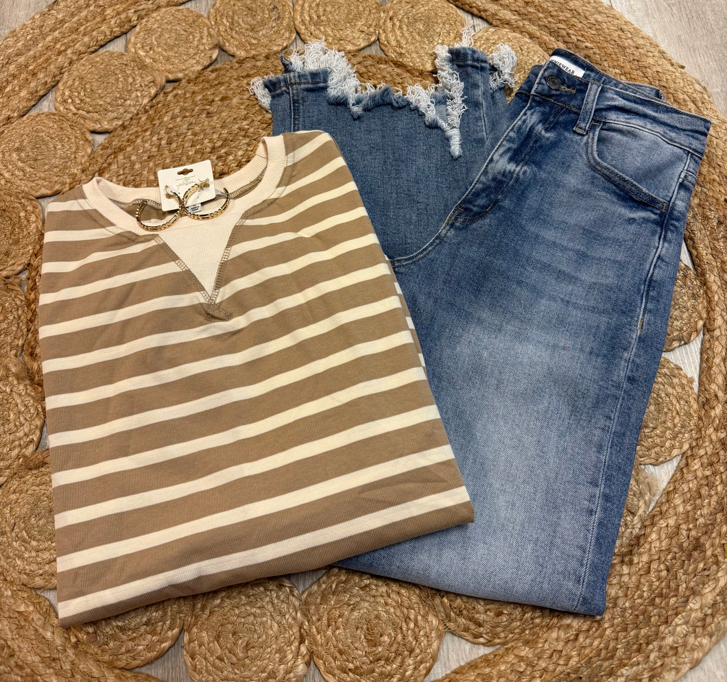 Cream and brown stripe crew