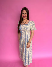 Load image into Gallery viewer, Long Blue Floral Puff Sleeve Dress
