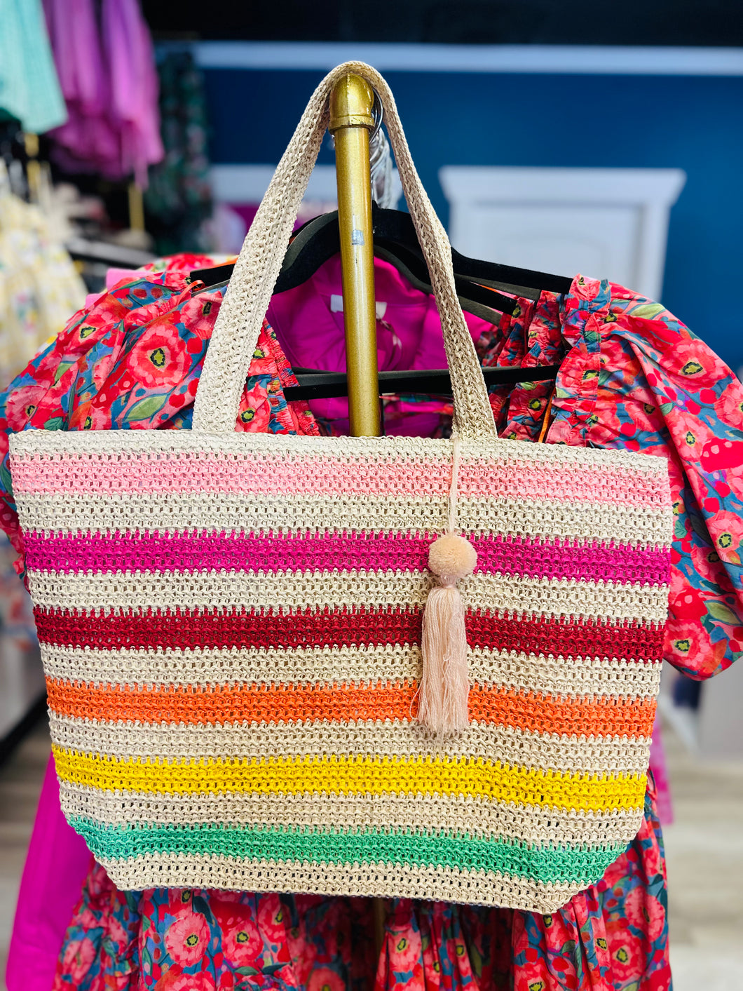 Bright striped beach bag