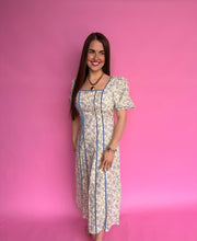 Load image into Gallery viewer, Long Blue Floral Puff Sleeve Dress
