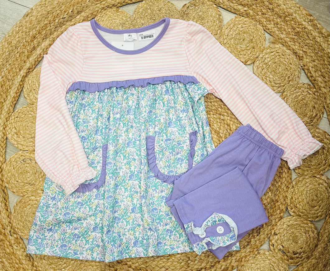 Purple Floral Print Pocket Girl Set