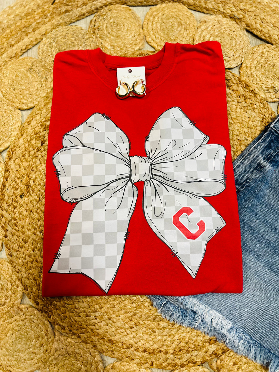 Grey checkered corbin bow tee
