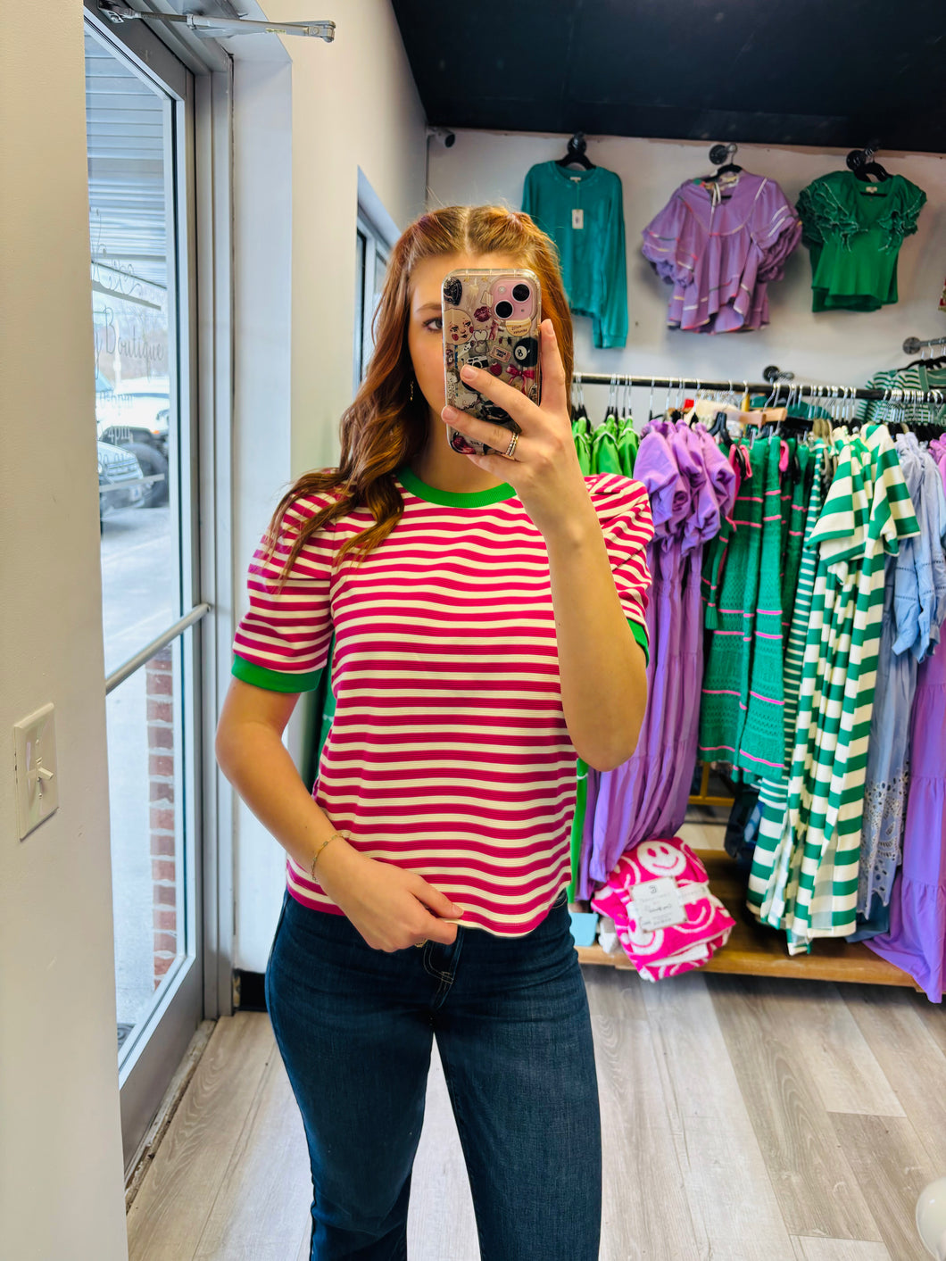 Pink striped puff sleeve blouse