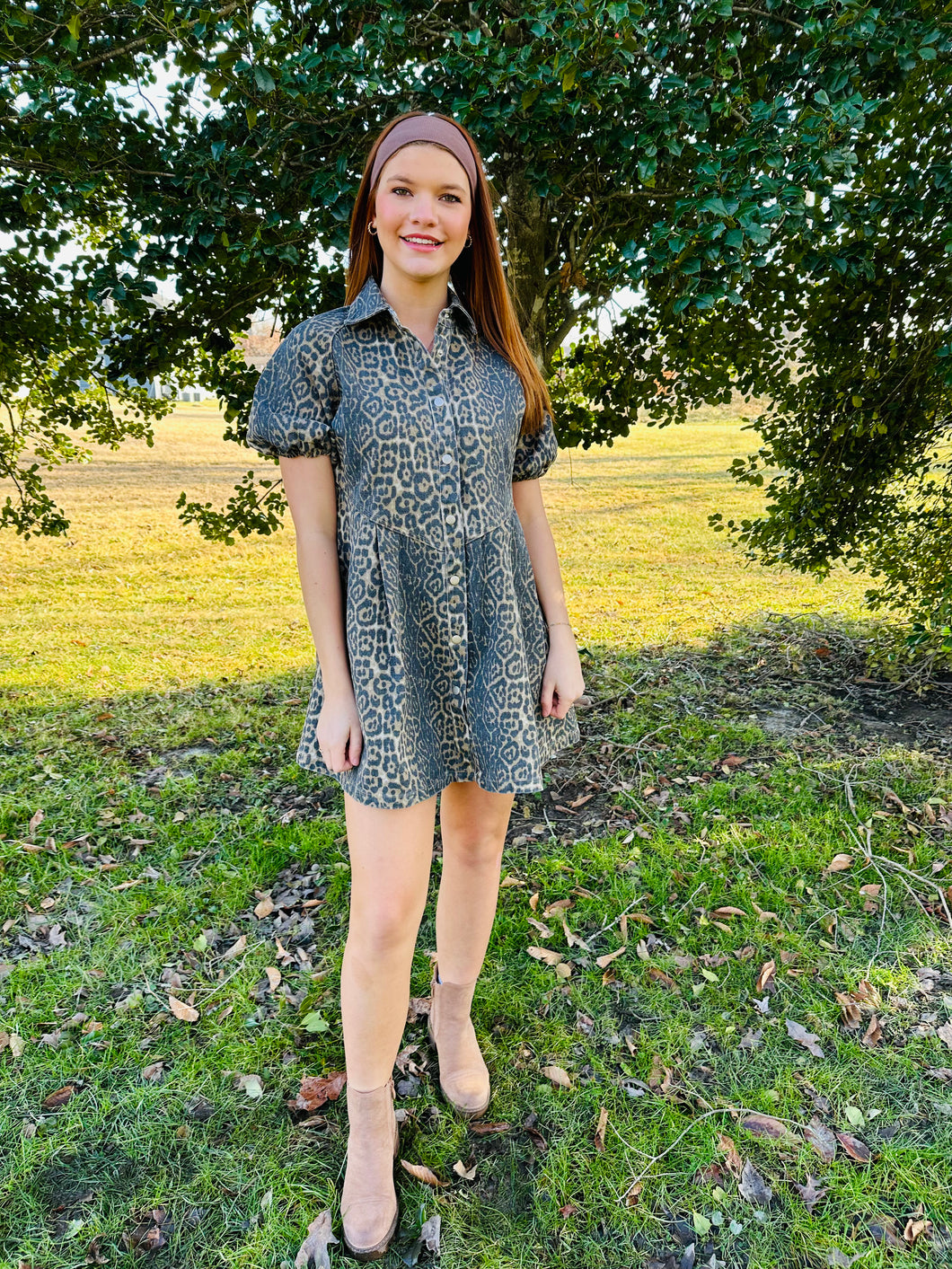 Washed leopard denim button up dress