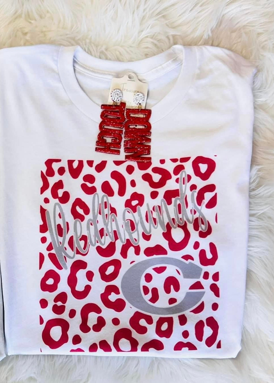 red cheetah redhounds with corbin C on white tee