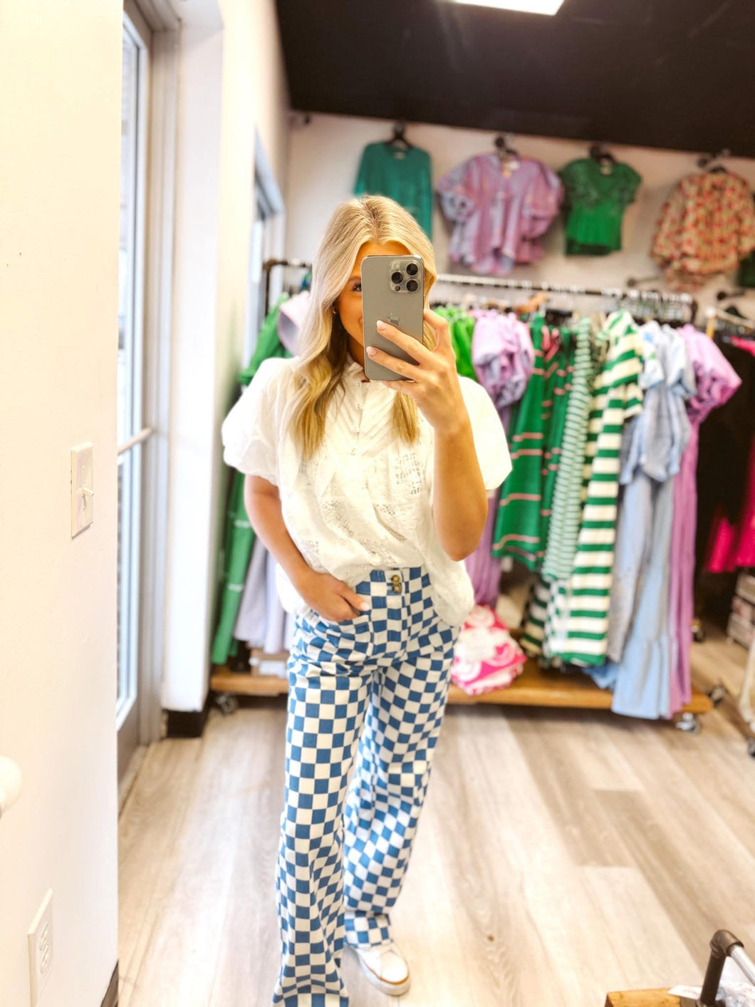 Blue and white checkered pants
