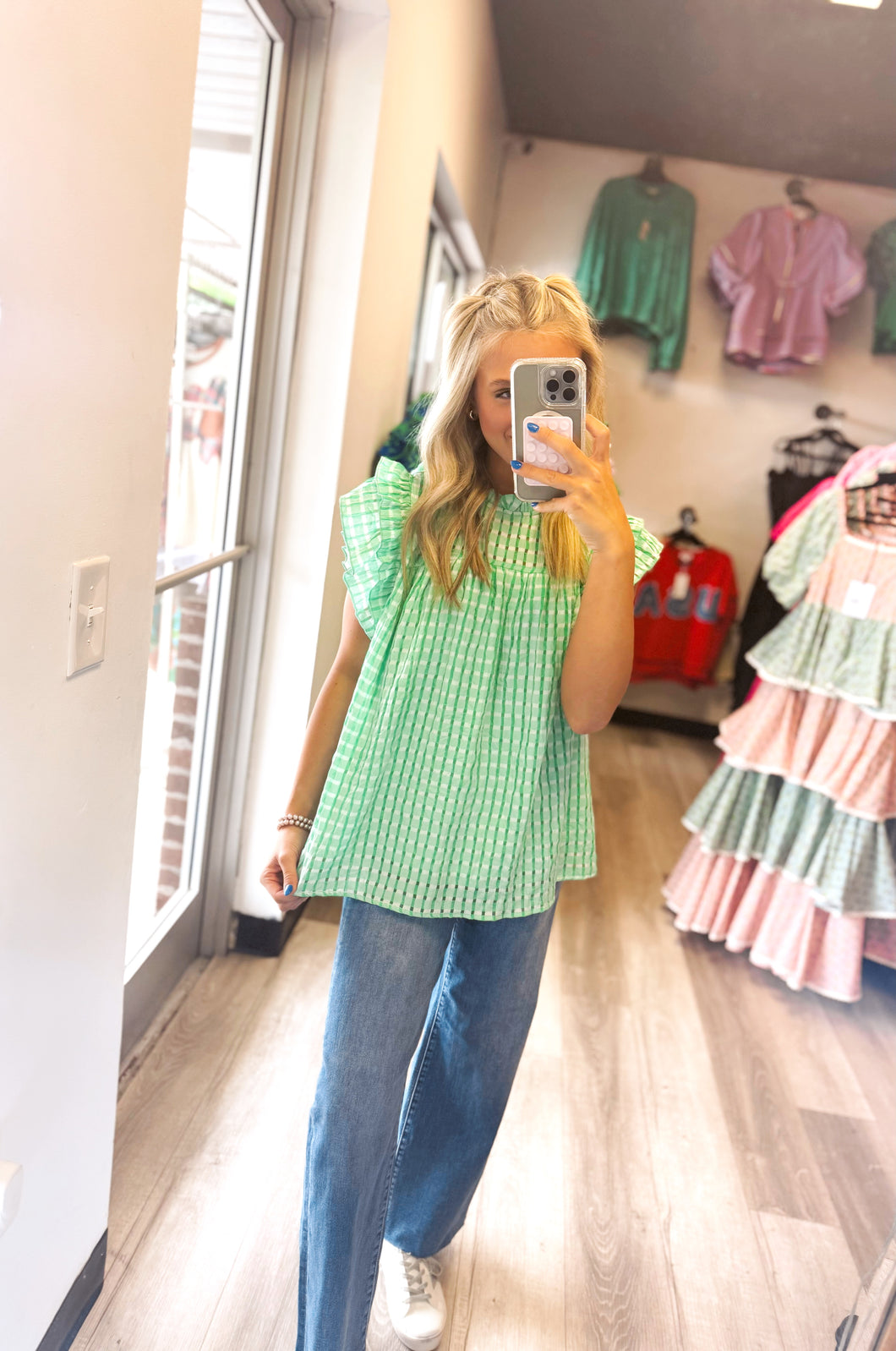 Green and White Plaid Blouse