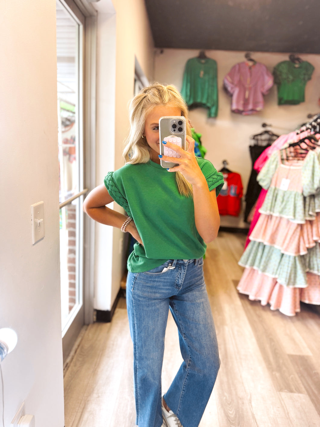 Green Braided Sleeve Blouse