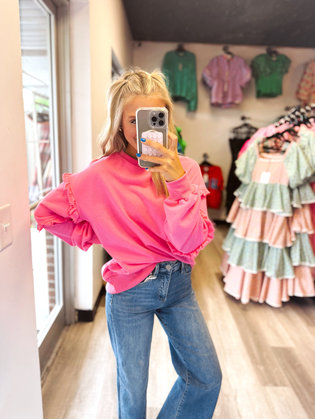 Pink Ruffle Sleeve Sweater