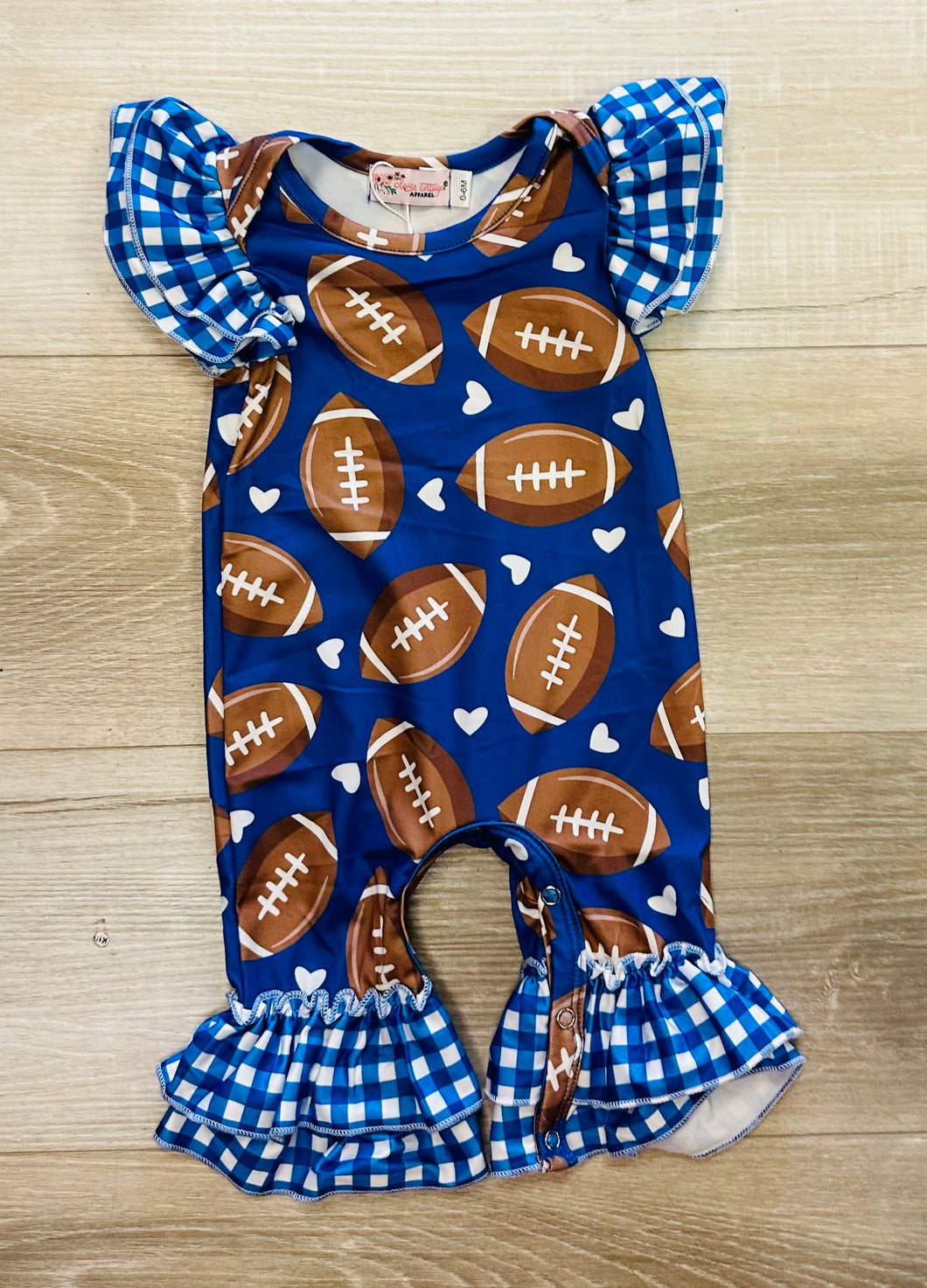 Gingham Football Baby Romper - Blue