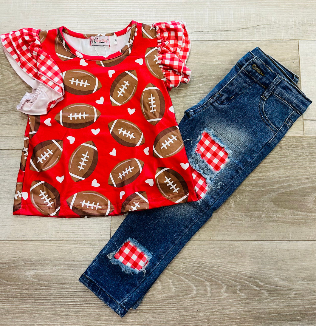 Gingham Football Girls Set - Red