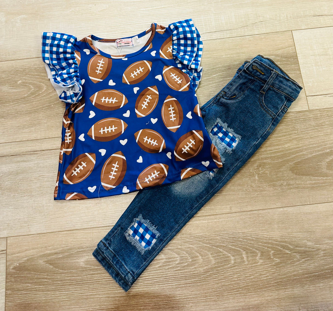 Gingham Football Girls Set - Blue