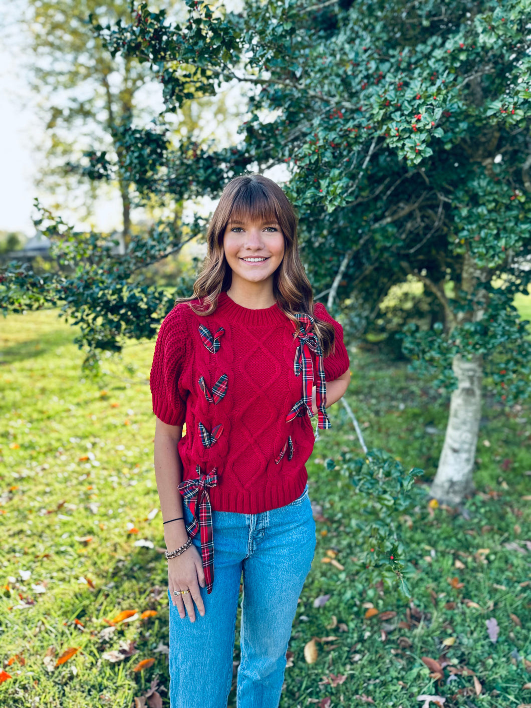 Burgundy sweater bow