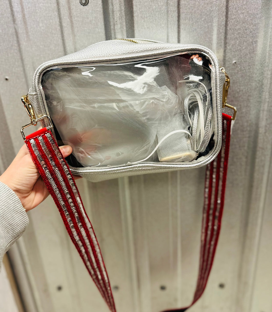 Clear fanny pack with striped sequin strap