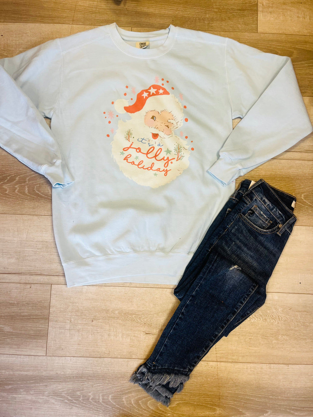 light blue santa crewneck