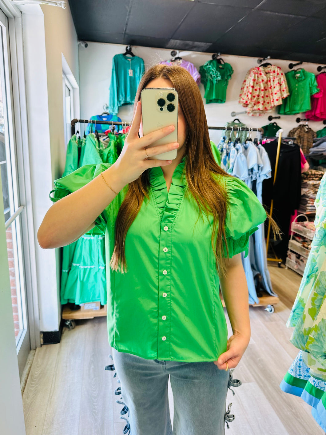 button down kelly green blouse
