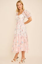 Load image into Gallery viewer, Floral print colorblock midi dress with puff short sleeves
