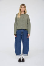 Load image into Gallery viewer, STRIPE RAW EDGE DROP SHOULDER KNIT CARDIGAN: DUSTY BLUE
