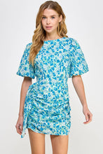Load image into Gallery viewer, Ruched Short Puff Sleeve Floral Voile Mini Dress: Blue / M
