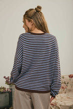 Load image into Gallery viewer, BUTTON HENLEY STRIPE LONG SLEEVE DROP SHOULDER SWEATER: MOCHA
