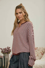 Load image into Gallery viewer, BUTTON HENLEY STRIPE LONG SLEEVE DROP SHOULDER SWEATER: MOCHA
