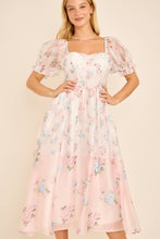 Load image into Gallery viewer, Floral print colorblock midi dress with puff short sleeves
