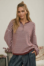 Load image into Gallery viewer, BUTTON HENLEY STRIPE LONG SLEEVE DROP SHOULDER SWEATER: MOCHA
