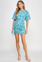 Load image into Gallery viewer, Ruched Short Puff Sleeve Floral Voile Mini Dress: Blue / M
