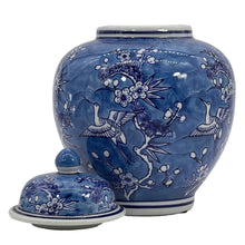 Load image into Gallery viewer, Blue &amp; White Floral Crane Ceramic Chinoiserie Ginger Jar 10"
